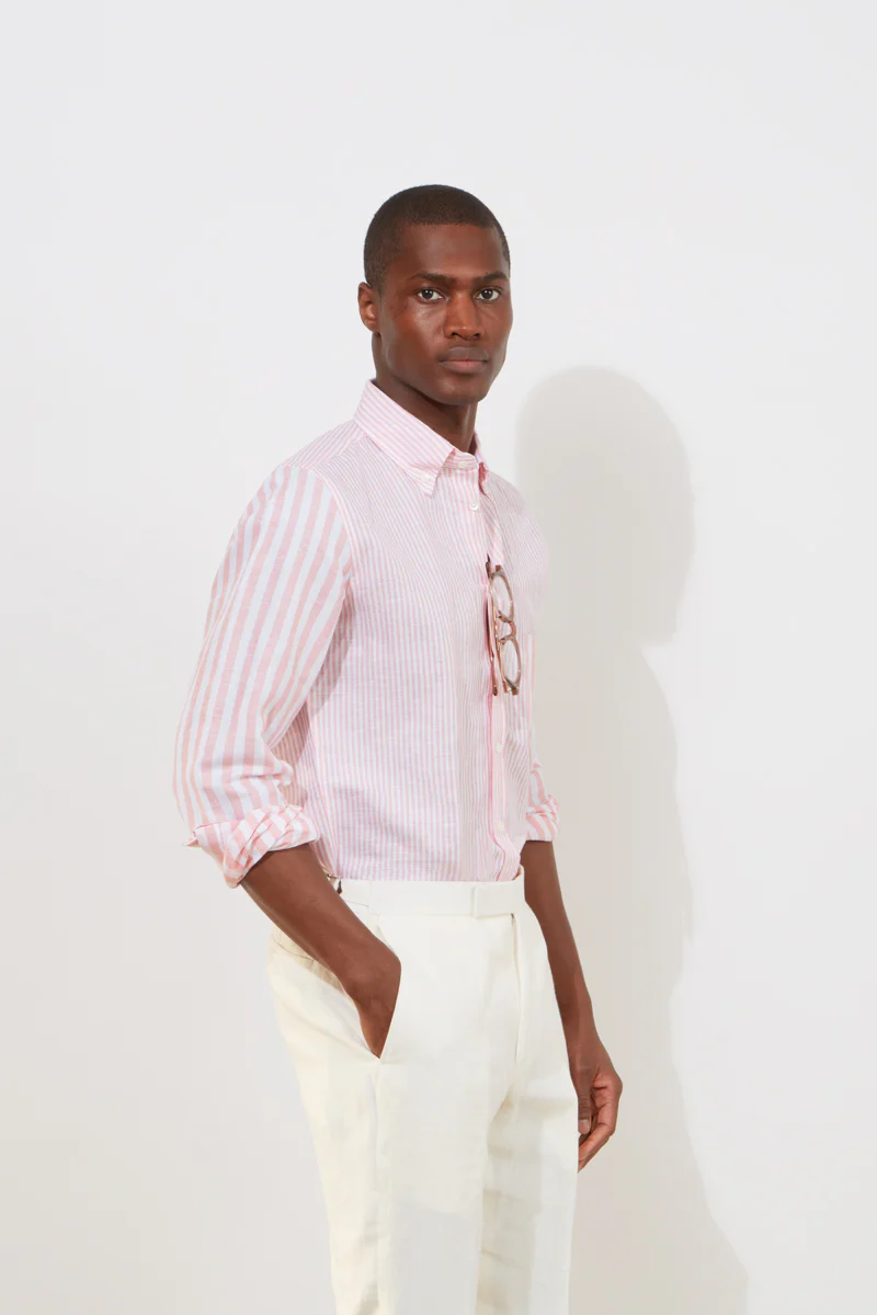 Button-Down Shirt – Coral Striped Linen & Cotton
