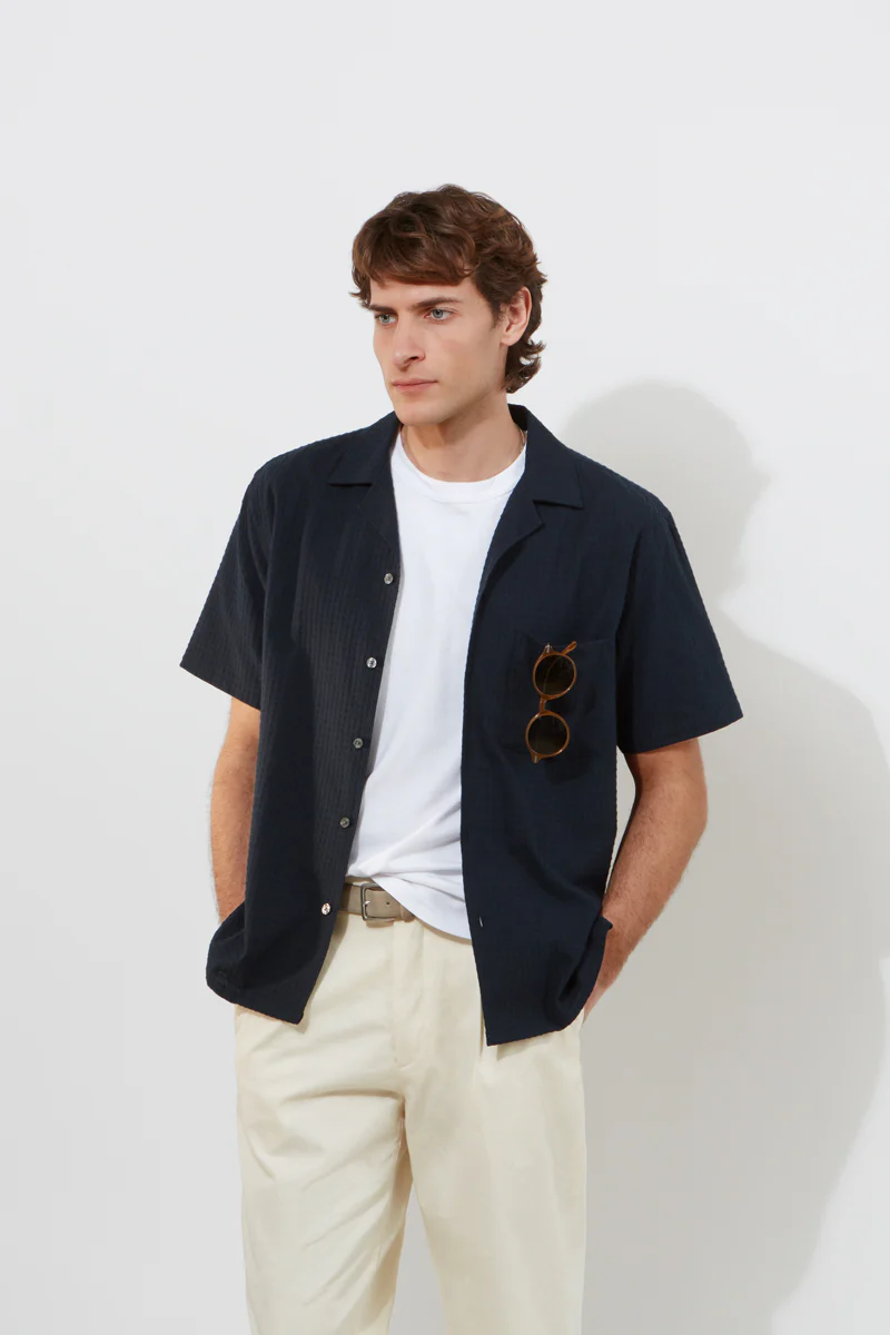 Camp Collar Shirt – Navy Waffle Stitch