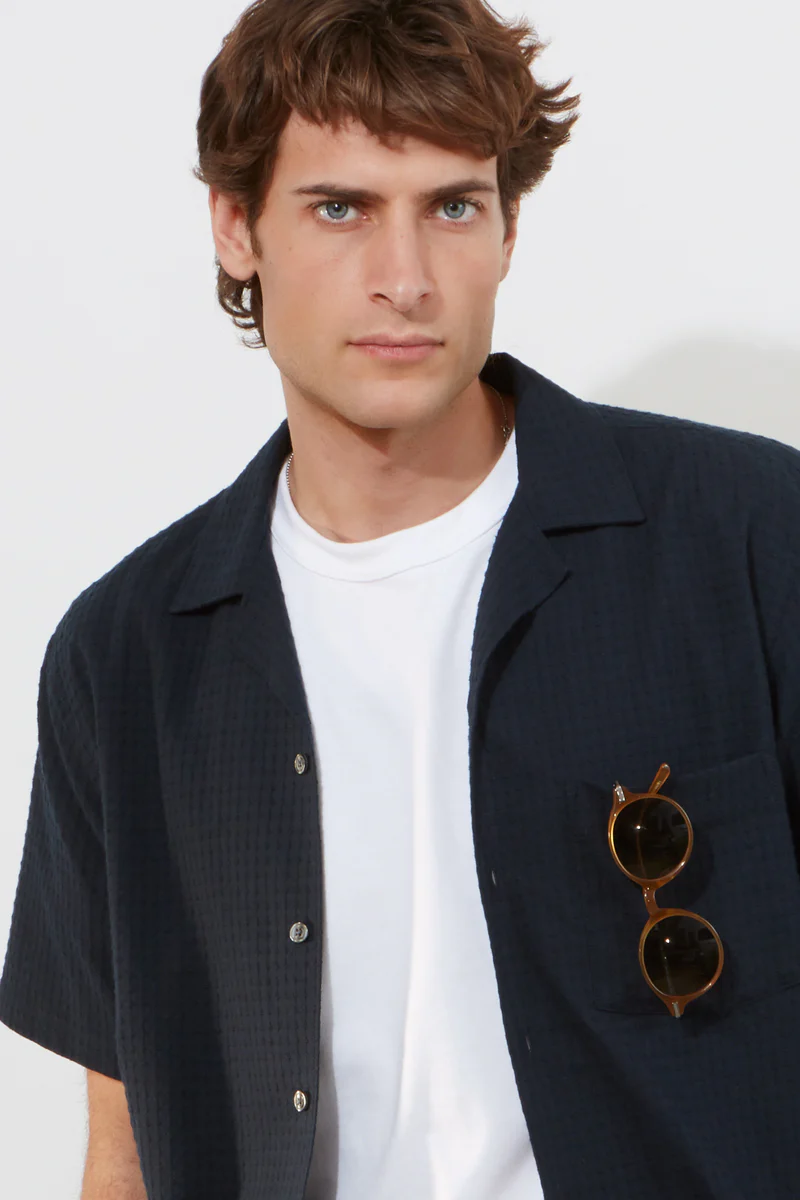 Camp Collar Shirt – Navy Waffle Stitch - Image 3