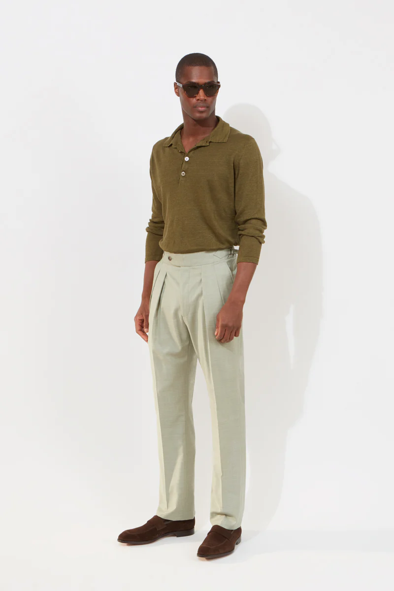 Hepworth Trousers – Pistachio Wool & Linen Herringbone