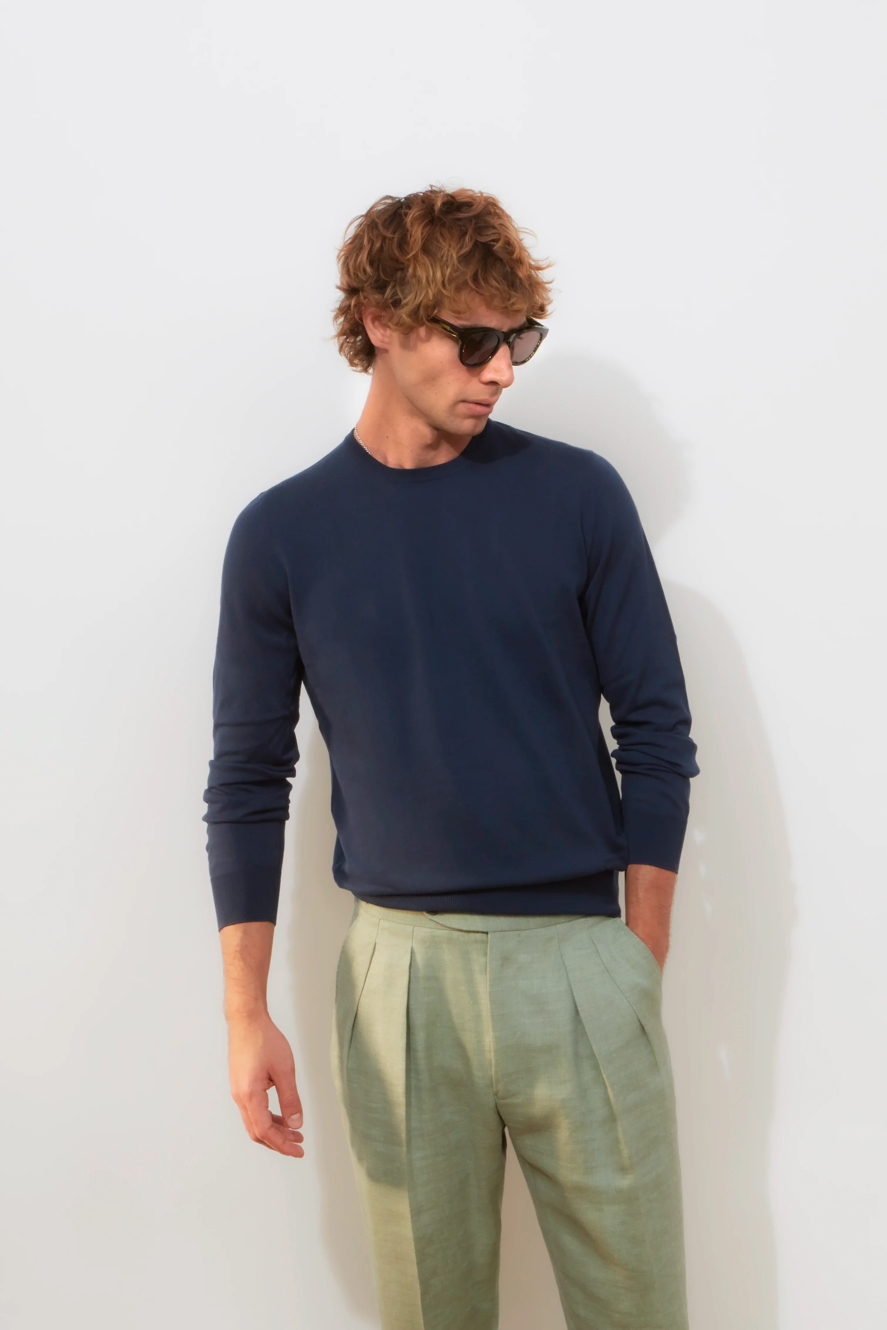 Long-Sleeve Crew Neck – Navy Fine-Knit Cotton Jersey