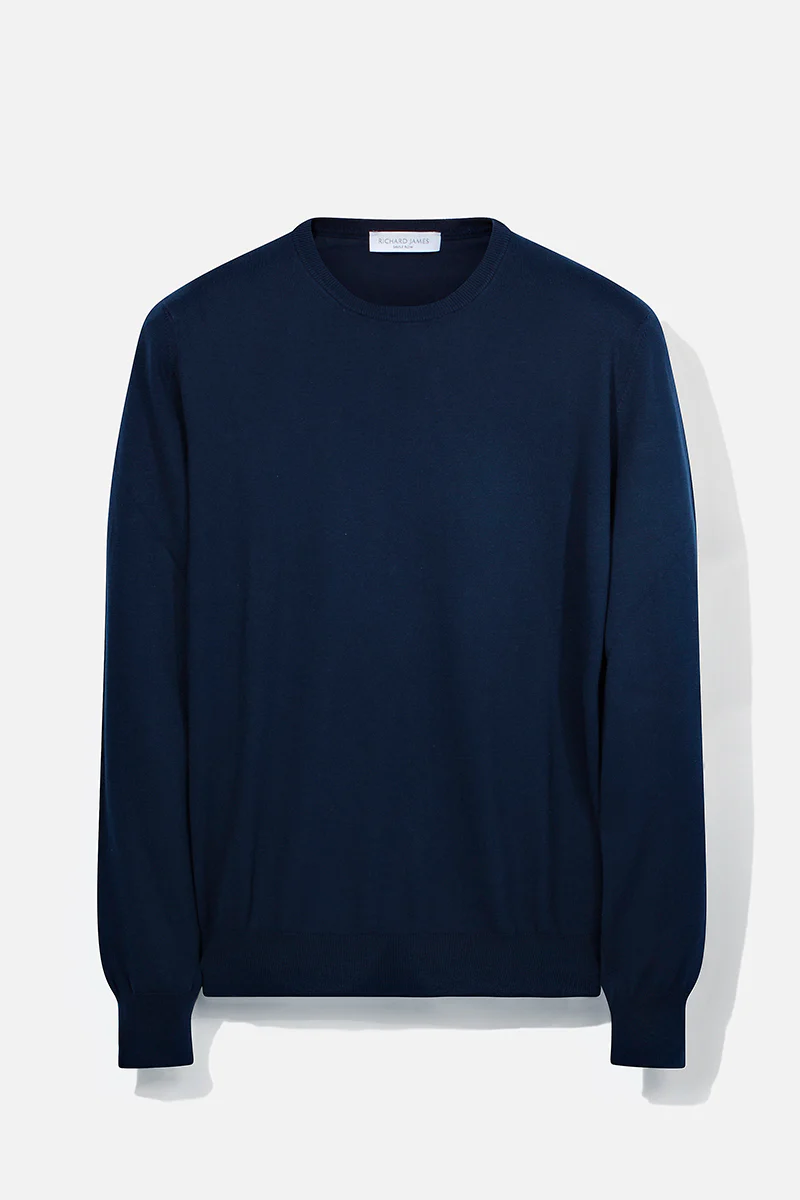 Long-Sleeve Crew Neck – Navy Fine-Knit Cotton Jersey - Image 2