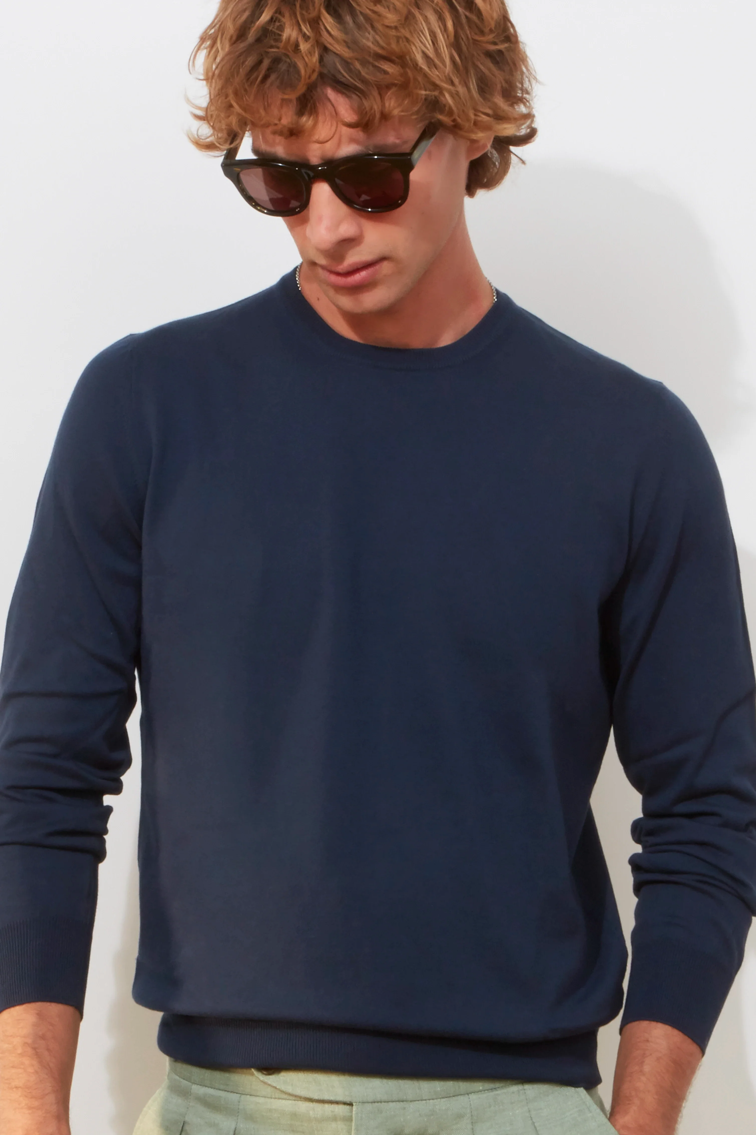 Long-Sleeve Crew Neck – Navy Fine-Knit Cotton Jersey - Image 3
